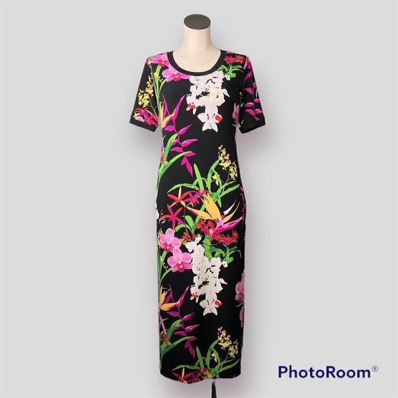 G.I.L.I. Got It Love It Short Sleeve Black Floral Bodycon Maxi Dress Size XSP - Picture 1 of 15